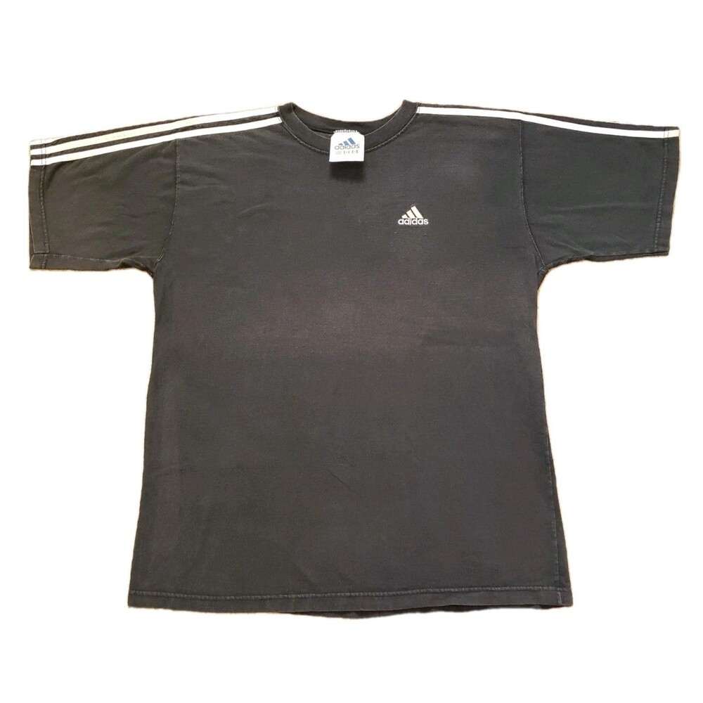 Vintage 90s Y2K Adidas 3 Stripe Essential Size Medium Mens Faded Black T-Shirt